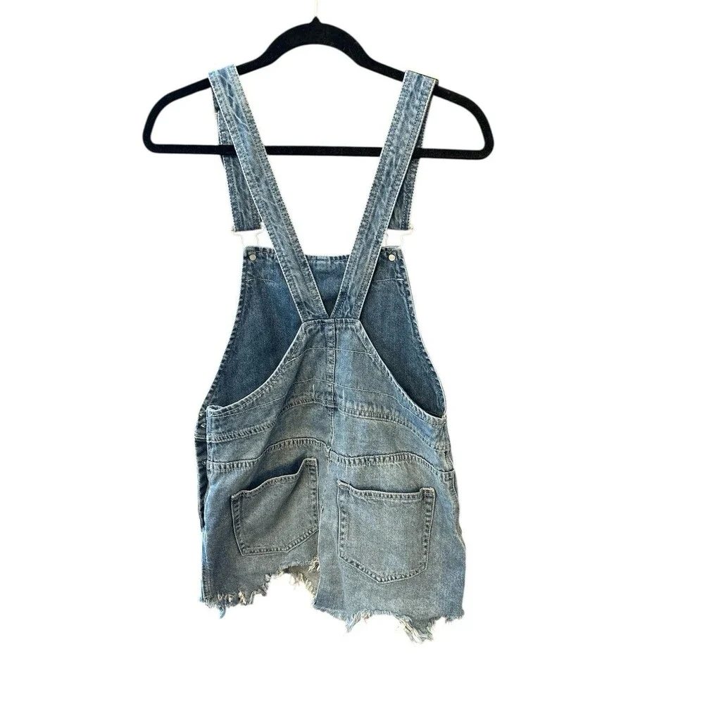 FREE PEOPLE Size 2 Blue Denim Overall Dress Frayed Mini Dress Y2k festival boho - Picture 3 of 11